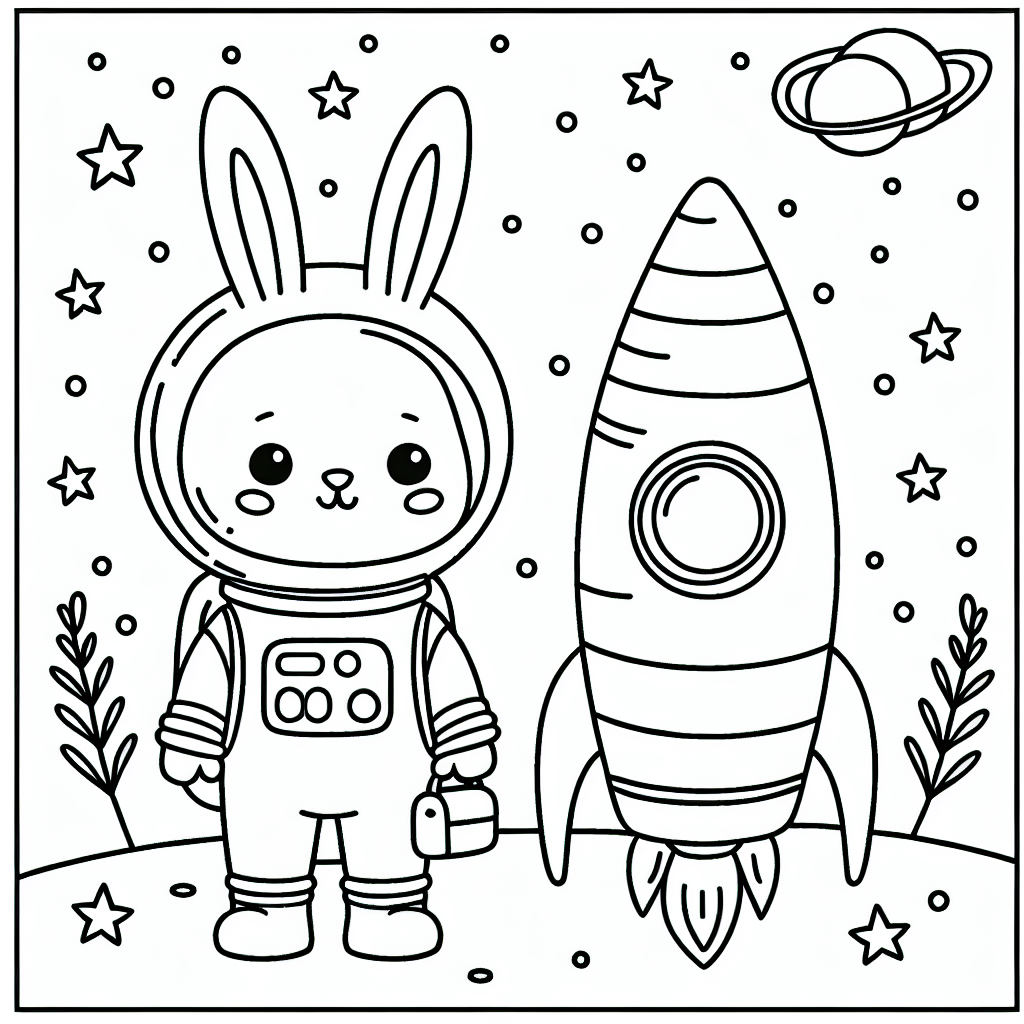 /imagine a rabbit in a spacesuit in a field of stars next to a carrot-shaped rocket