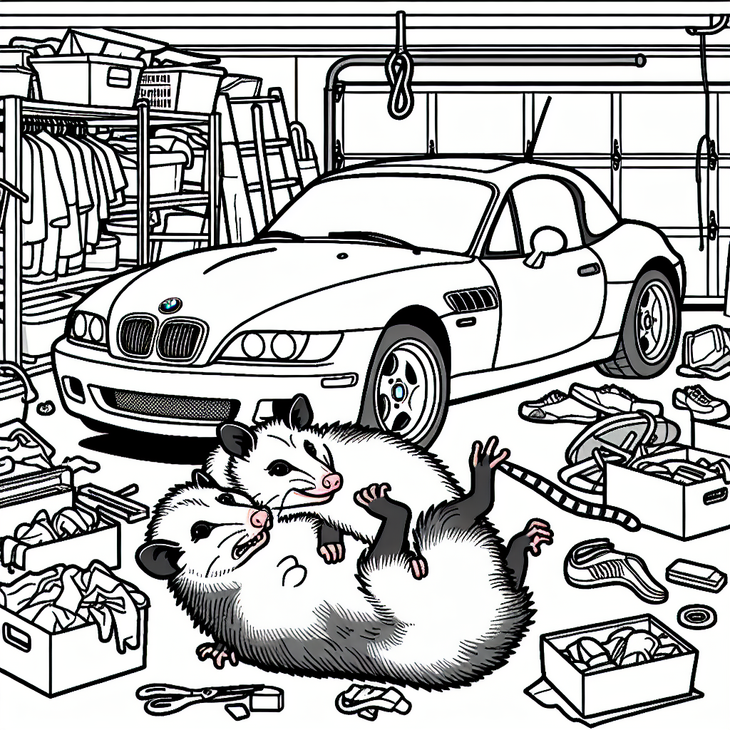 /imagine two opossums wrestling in a messy garage underneath a 2001 BMW Z3