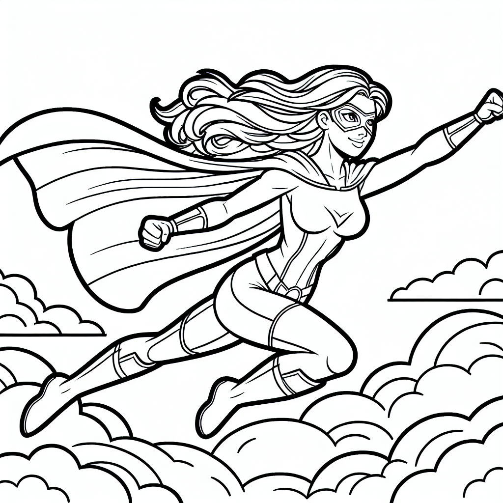 /imagine a super hero woman flying through the sky