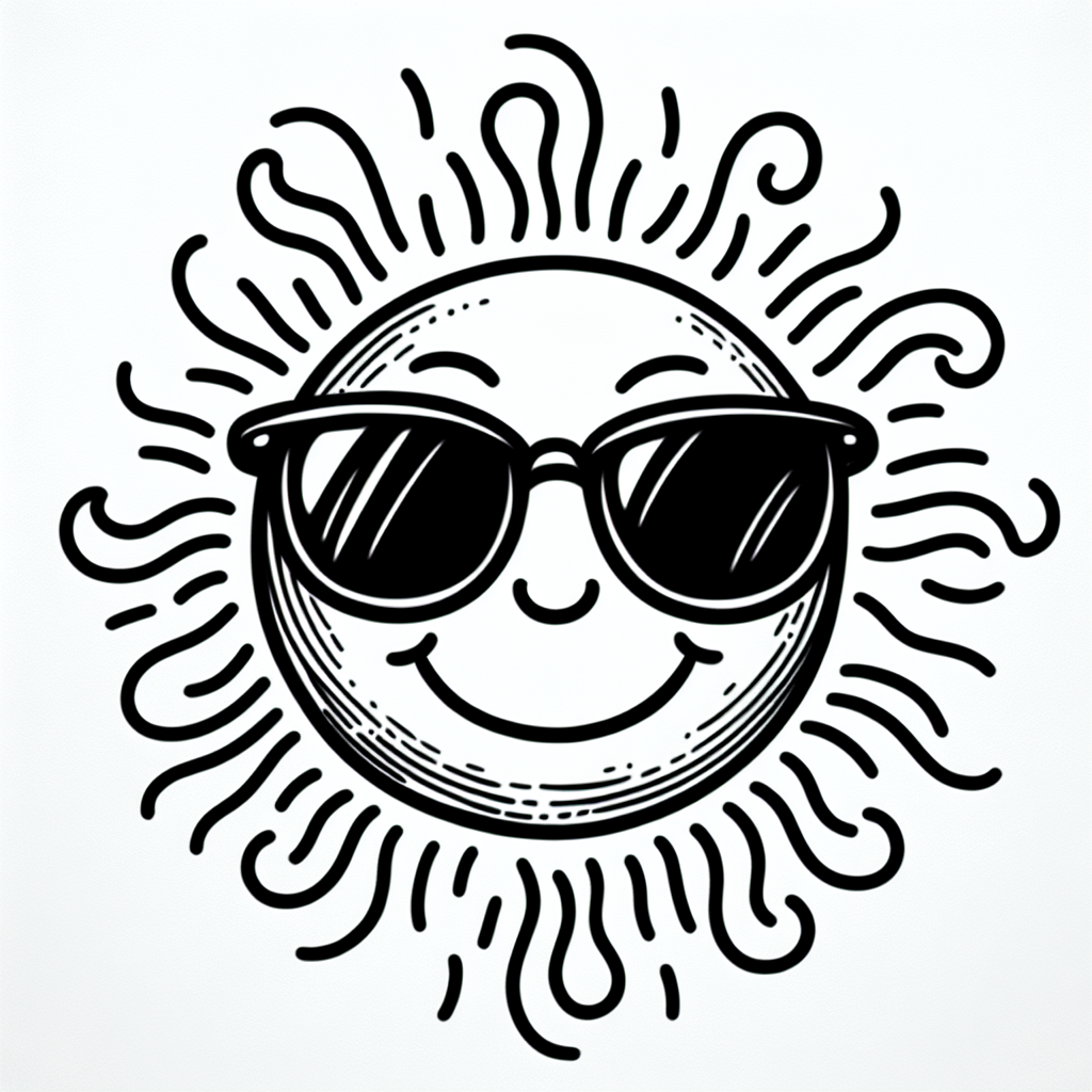 \\\\\\\'/Imagine\\\\\\\'\\\"Draw a smiling sun with sunglasses in black and white line art style on a plain white background with ample white space.\\\"