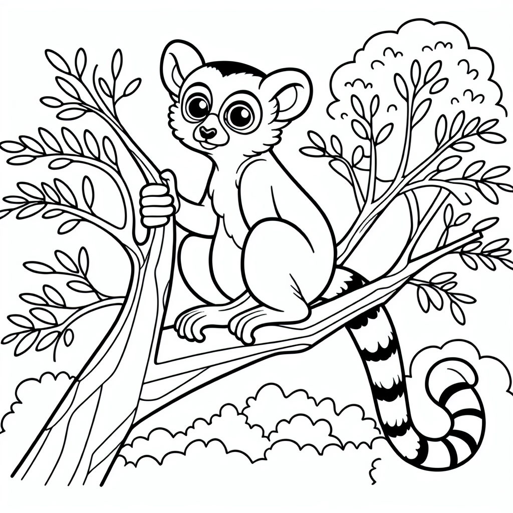 /imagine\\\\\\\\friendly, simplified lemur perched on a tree branch, with canopy of trees in the background, Coloring Page, black and white, line art, white background, Simplicity, Ample White Space. The background of the coloring page is plain white to make it easy for young children to color within the lines. The outlines of all the subjects are easy to distinguish, making it simple for kids to color without too much difficulty, Coloring Page, black and white, line art, white background, Simplicity, Ample White Space. The background of the coloring page is plain white to make it easy for young children to color within the lines. The outlines of all the subjects are easy to distinguish, making it simple for kids to color without too much difficulty