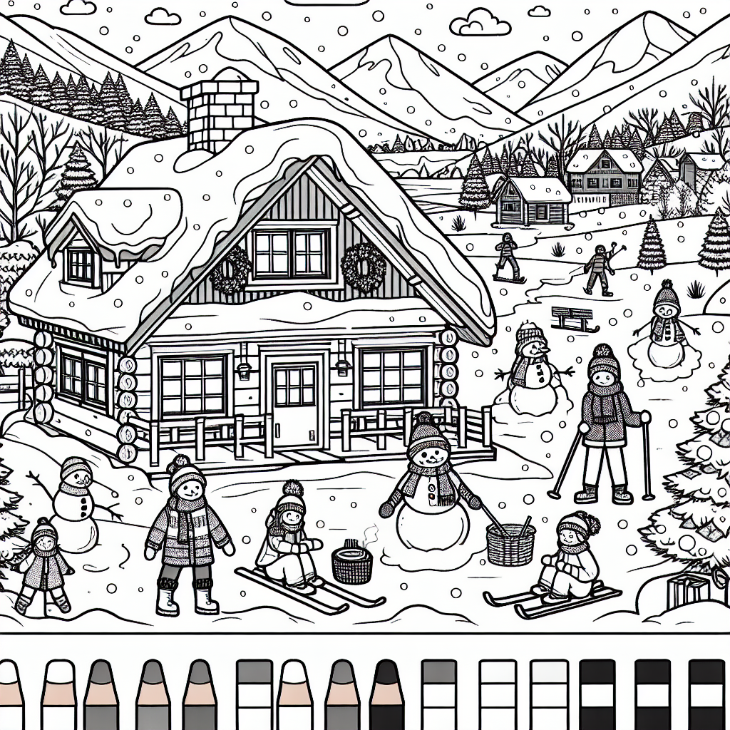 \\\'/Imagine\\\\\\\' a cozy cabin in the snow with people skiing and building snowmen.