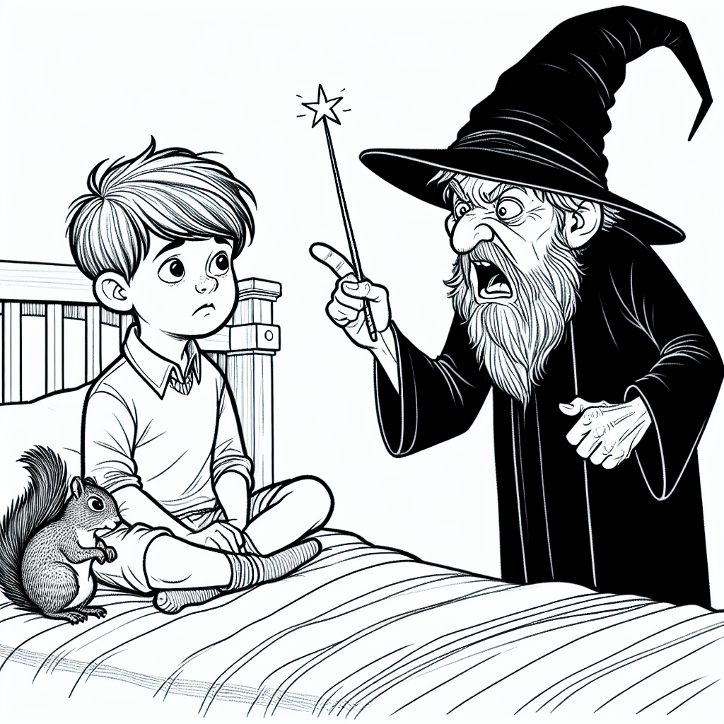 \\\'/IMAGINE\\\' COLOURING PAGE WITH young boy sitting on a bed WITH A SQUIRREL, WITH a very ANGRY wizard pointing his wand at him